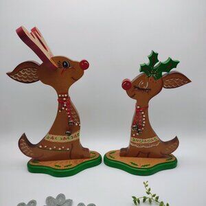 Vintage Handmade Hand Painted Wooden Rudolph Clarice Christmas Reindeer Decor
